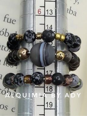 Black and Gold OBSIDIAN Beaded  Ring Set TRIO